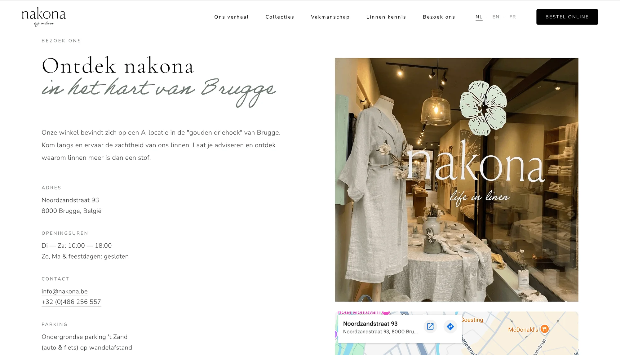 Winkelpagina van Nakona met adres en openingsuren van de zaak in Brugge, een etalagefoto en een kaart